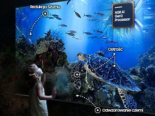 Obraz przedstawia duży ekran telewizora z wyświetlonym podwodnym światem, w tym żółwiem i rybami. Na ekranie widoczne są napisy: \'Redukcja Szumu\', \'Ostrość\', \'Odwzorowanie czerni\' oraz \'Neo AI Gen3 Processor\'.