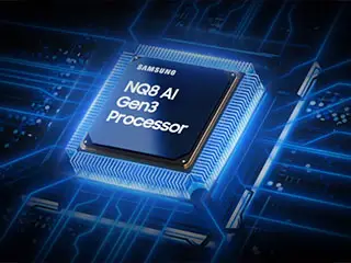 Obraz przedstawia procesor z napisem \'SAMSUNG NQ8 AI Gen3 Processor\' na tle schematu obwodów elektronicznych w niebieskiej kolorystyce.