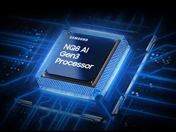 Obraz przedstawia procesor z napisem \'SAMSUNG NQ8 AI Gen3 Processor\' na tle niebieskich linii przypominających obwody elektroniczne.