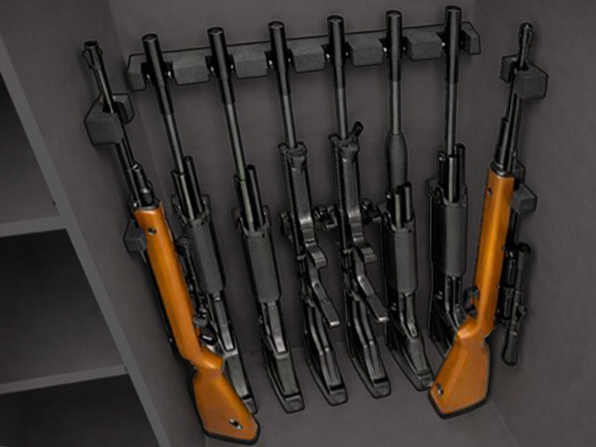 Sejf na broń VALBERG Arsenał 1253 EL Grafitowy, broń, długa, szyna, uchwyt, Rzędy uchwytów na broń palną w otwartym sejfie.