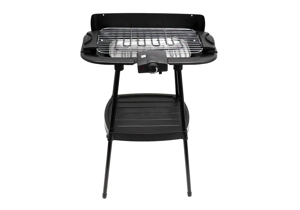 Na zdjęciu widoczny jest czarny grill elektryczny z metalowym rusztem i pokrętłem regulacji temperatury. Grill stoi na czterech nogach i ma dodatkową półkę poniżej rusztu.