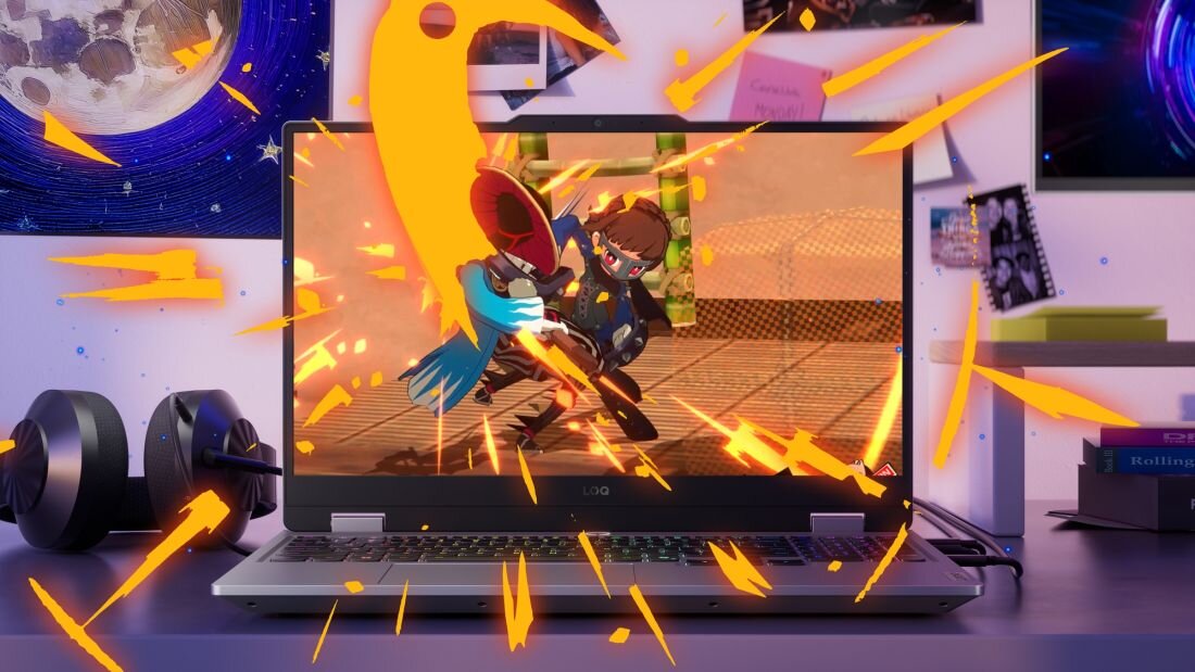 Laptop LENOVO LOQ wyświetlający dynamiczną walkę z gry anime z ognistymi efektami, klawiatura RGB, stanowisko gamingowe dla graczy action RPG - Rozdzielczość FHD i częstotliwość odświeżania 144 Hz 