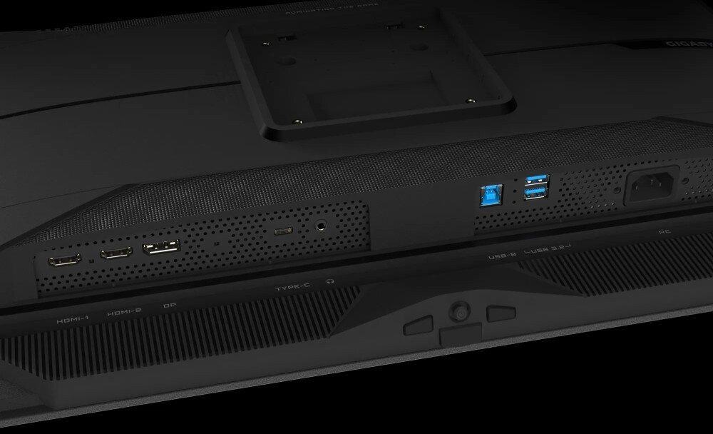 Monitor GIGABYTE MO27Q2 Zdjęcie spodu monitora z widocznymi gniazdami, porty, podłączenie, głośniki