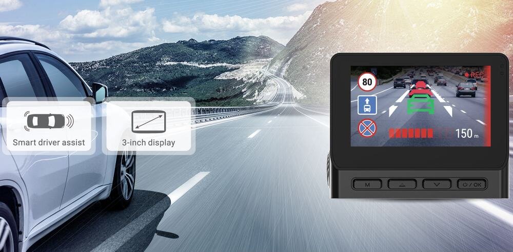 Wideorejestrator NAVITEL RS985 GPS + kamera tylna rejestrator na tle drogi    