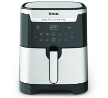 Frytkownica beztłuszczowa w kolorze srebrnym z czarnymi elementami, posiada panel dotykowy z wyświetlaczem pokazującym \'220\'. Widoczne logo \'Tefal\' oraz napis \'Easy Fry & Grill XXL\'.