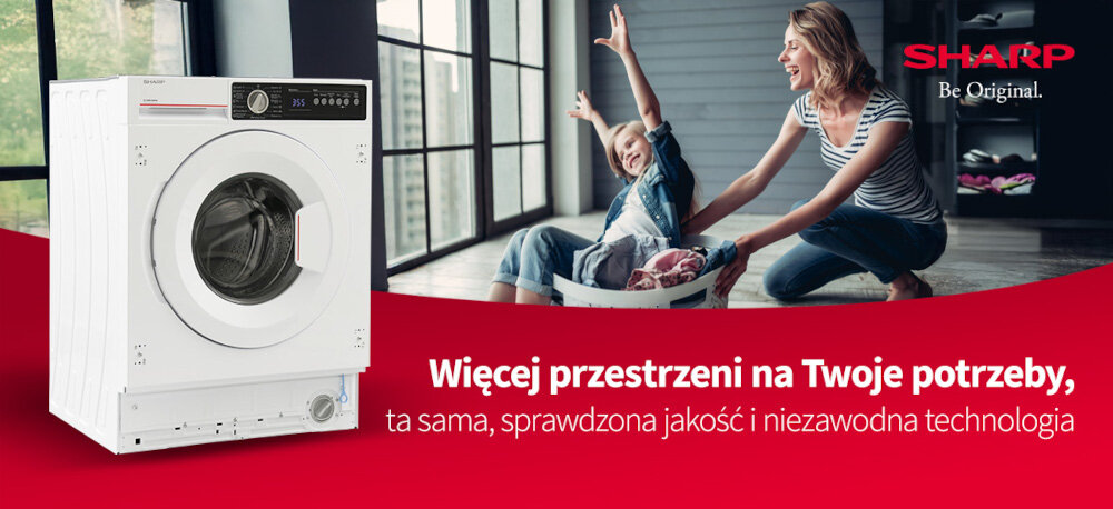 PRALKA SHARP ES-NIB814BWNA-PL wizualizacja lifestyle baner top hasło reklamowe logo marka pralka front bok rodzina dziecko odzież