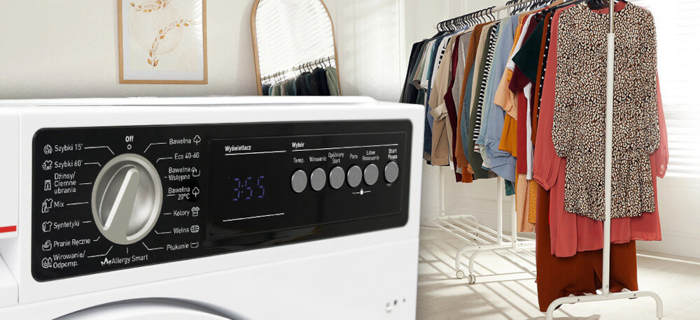 PRALKA SHARP ES-NIB814BWNA-PL wizualizacja lifestyle zbliżenie panel programy funkcje cykle przyciski pokrętło garderoba w tle ubrania 15 programów automatycznych 15 programów automatycznych intuicyjny panel sterowania superjet 15 szybkie odświeżanie ubrań pranie ręczne wełna delikatne tkaniny cotton eco 40-60 colours allergy smart dopasowanie cyklu do ubrań dłuższa świeżość ochrona tkanin wygodne pranie