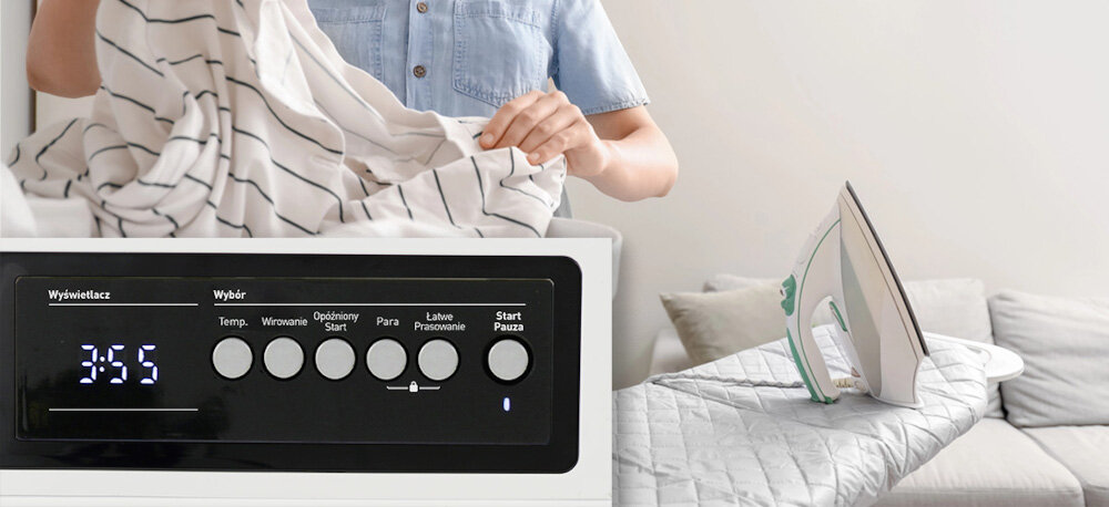 PRALKA SHARP ES-NIB814BWNA-PL wizualizacja lifestyle panel sterowania koszula w dłoniach żelazko prasowanie funkcja łatwego prasowania mniej zagnieceń ubrania łatwiejsze do prasowania specjalna sekwencja obrotów oszczędność czasu oszczędność energii wygoda komfort