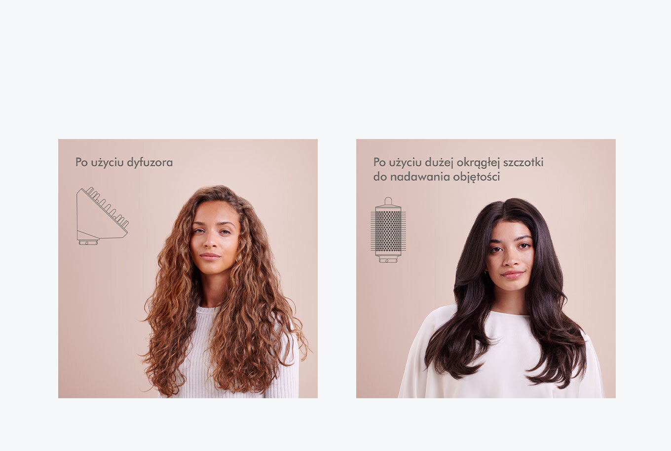 Obraz przedstawia dwie kobiety z różnymi fryzurami. Po lewej stronie widoczny jest tekst \'Po użyciu dyfuzora\', a po prawej \'Po użyciu dużej okrągłej szczotki do nadawania objętości\'.