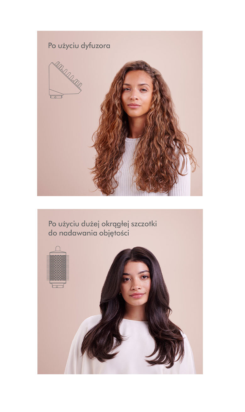 Obraz przedstawia dwie kobiety z różnymi fryzurami. Na górze widnieje tekst \'Po użyciu dyfuzora\', a na dole \'Po użyciu dużej okrągłej szczotki do nadawania objętości\'.