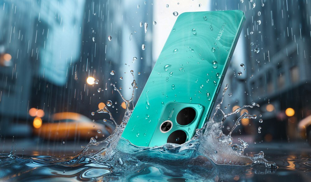Smartfon realme 14T ląduje w kałuży