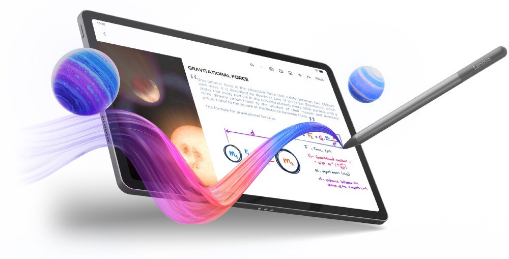 Tablet LENOVO IdeaTab Tablet pokazujący notatki z fizyki o sile grawitacji, nad którym unoszą się grafiki planet i rysik z kolorową falą, przeznaczenie, przekątna, rozdzielczość, rysik
