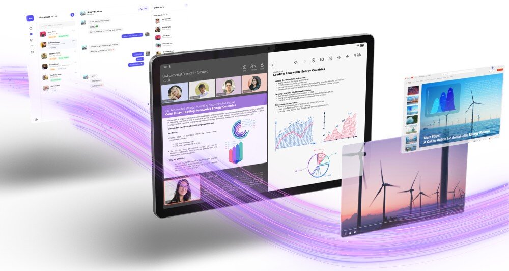 Tablet LENOVO IdeaTab Tablet z podzielonym ekranem, na którym widać prezentację, wykresy i wideokonferencję, wokół unoszą się okna czatu i odtwarzacza wideo, podzespoły, procesor, rdzenie, pamięć, system