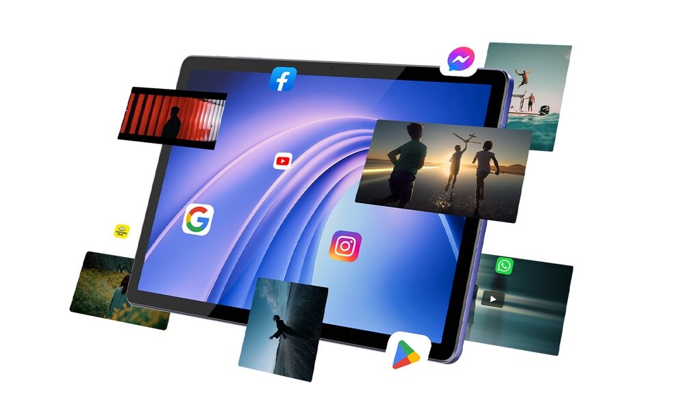 Tablet z wyświetlaczem pokazującym kolorowe ikony aplikacji, takich jak Facebook, YouTube, Instagram i Google. Wokół tabletu unoszą się miniatury zdjęć i ikon aplikacji.