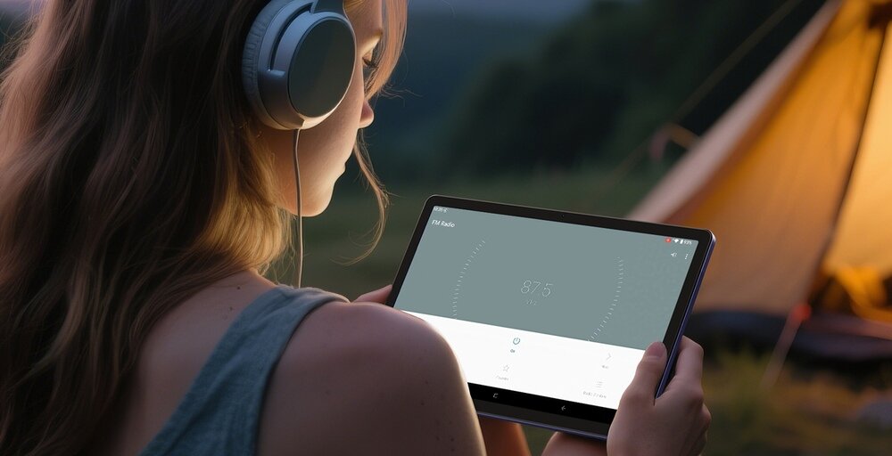 Osoba trzyma tablet z wyświetlonym ekranem, na którym widoczny jest interfejs aplikacji. W tle znajduje się namiot na tle zielonego krajobrazu.