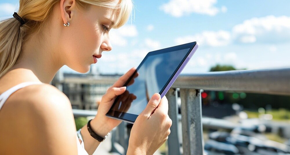 Osoba trzyma tablet o fioletowej obudowie na tle rozmytego krajobrazu miejskiego. Ekran urządzenia odbija światło słoneczne.