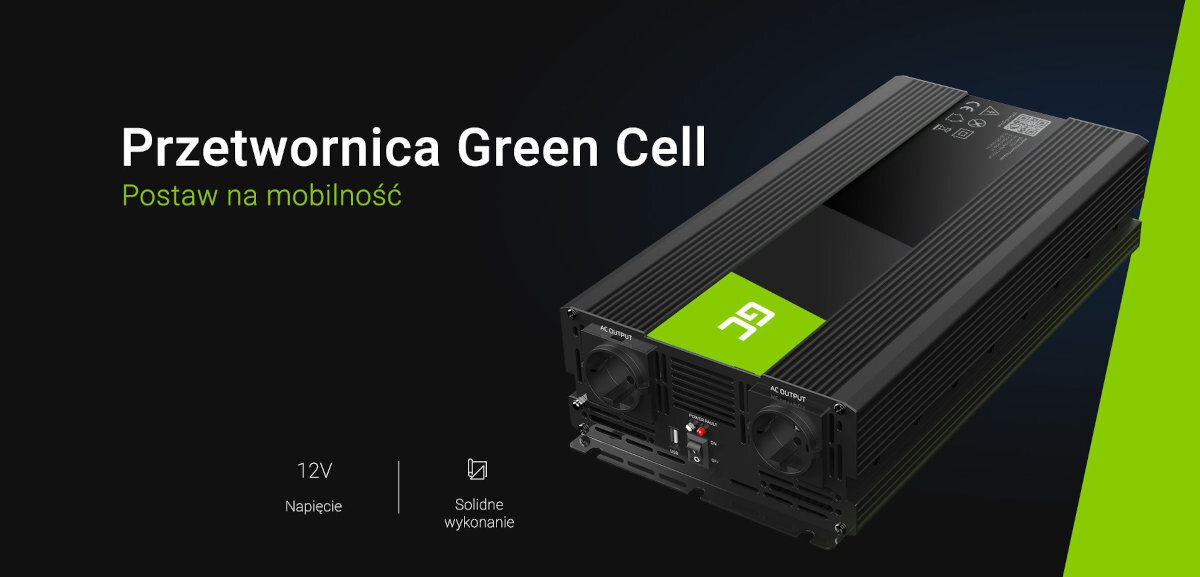 Obraz przedstawia przetwornicę Green Cell z napisem \'Postaw na mobilność\'. Widoczne są także napisy \'12V Napięcie\' oraz \'Solidne wykonanie\'.