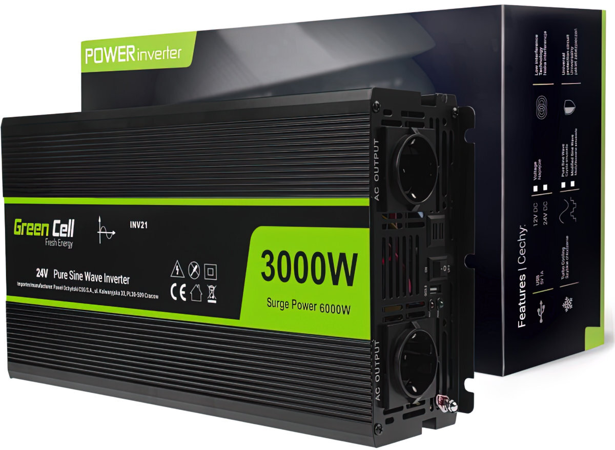 Na obrazie widoczna jest przetwornica Green Cell z oznaczeniem \'3000W Surge Power 6000W\' oraz napisem \'24V Pure Sine Wave Inverter\'. W tle znajduje się pudełko z napisem \'Features | Cechy\'.