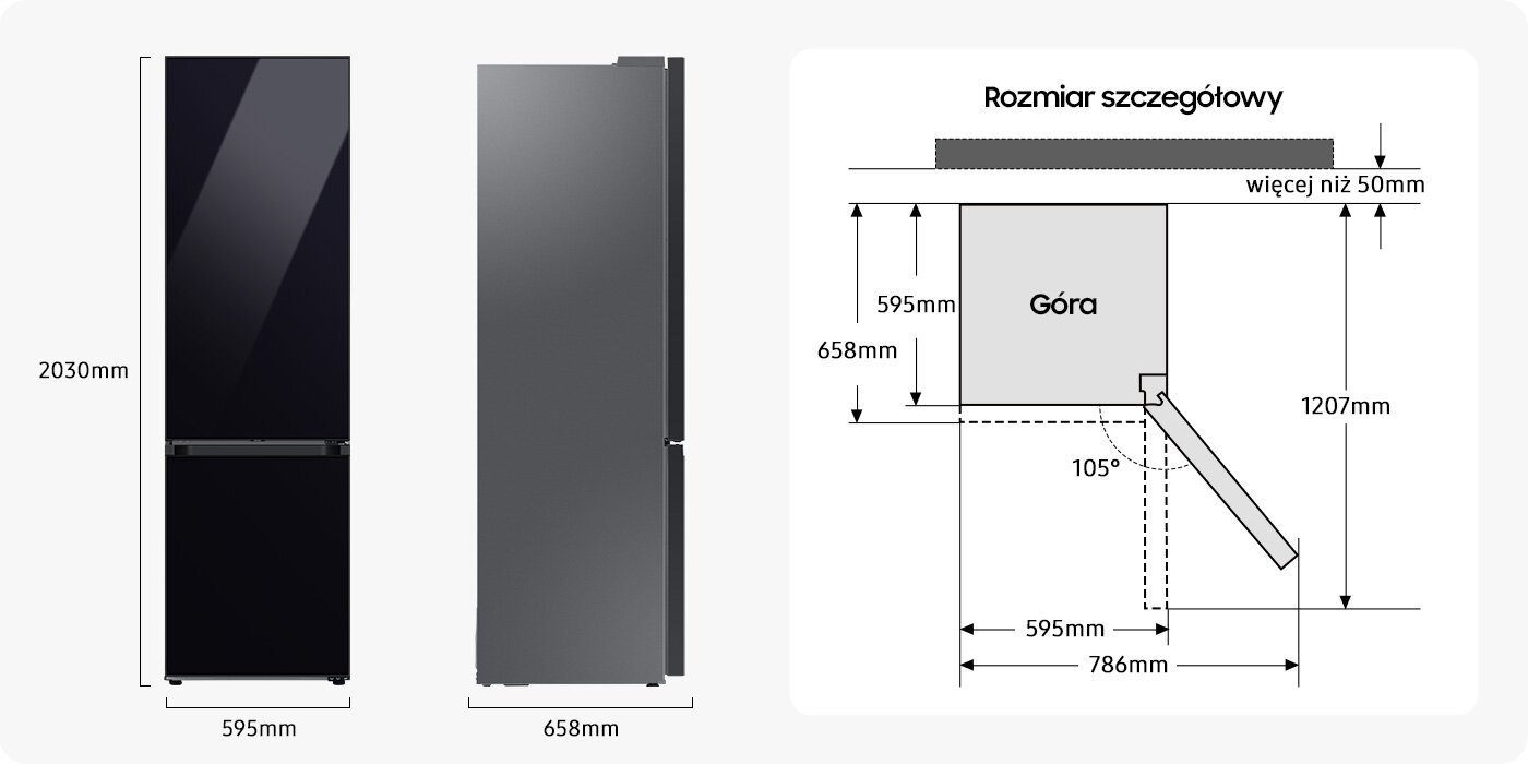 Rysunek techniczny z wymiarami lodówki Samsung RB38C6B2E22 Rysunek techniczny z wymiarami lodówki Samsung RB38C6B2E22