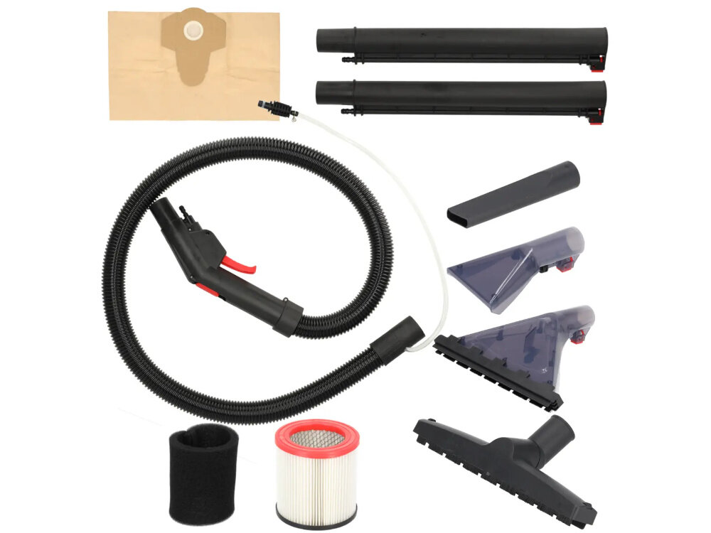 Odkurzacz piorący DEDRA DED6608 akcesoria na jasnym tle różnorodne akcesoria szczotka do prania dywanów szczotka do prania tapicerki szczotka płaska do odkurzania dysza szczelinowa urządzenie o różnorodnym działaniu rura z tworzywa sztucznego worek papierowy