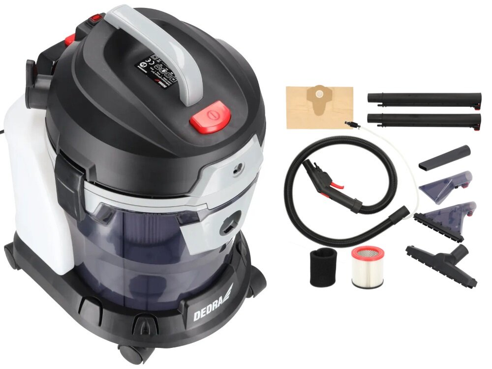 Odkurzacz piorący DEDRA DED6608 zestaw na białym tle w zestawie odkurzacz szczotka do prania dywanów szczotka do prania tapicerki szczotka płaska do odkurzania dysza szczelinowa wąż elastyczny cztery koła jezdne worek papierowy filtr typu HEPA filtr gąbkowy dwie rury z tworzywa sztucznego zbiornik na wodę z detergentem dokumentacja