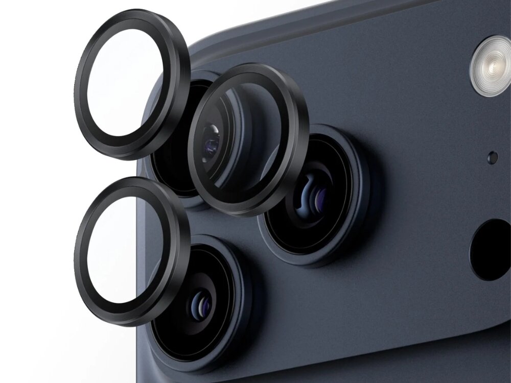 Szkło hartowane na obiektyw PANZERGLASS Hoops Lens Protector pierścienie obok telefonu na białym tle pierścienie bez ingerencji w jakość zdjęć dodatkowe zabezpieczenie