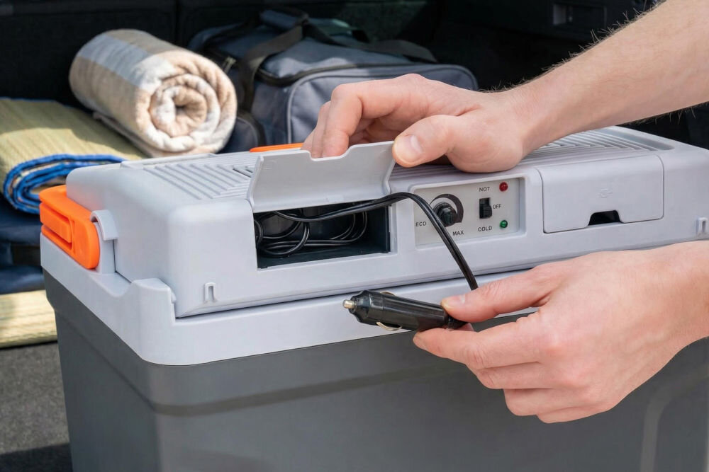 Lodówka turystyczna MILLA HOME MTC610G Mężczyzna wkładający jogurt do wnętrza lodówki turystycznej Götze & Jensen, w której znajdują się owoce i napoje, podczas pikniku na trawie.