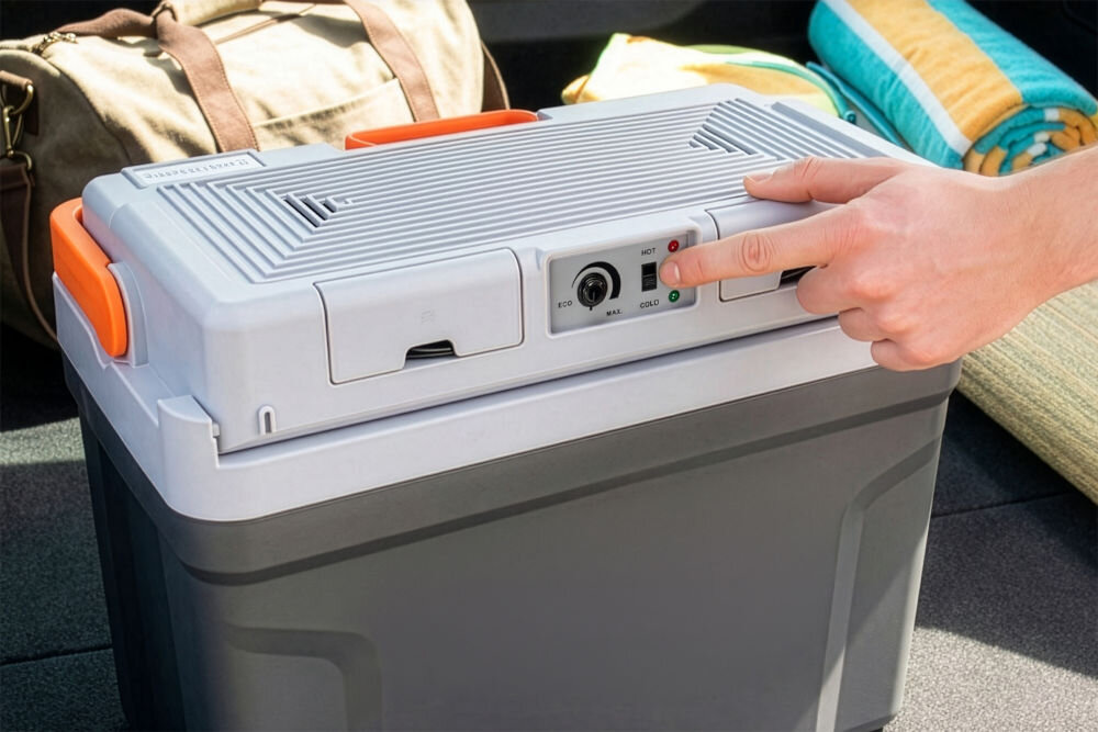 Lodówka turystyczna MILLA HOME MTC610G Mężczyzna niosący za ergonomiczny pomarańczowy uchwyt zamkniętą lodówkę przenośną Götze & Jensen po trawniku w trakcie słonecznego dnia.