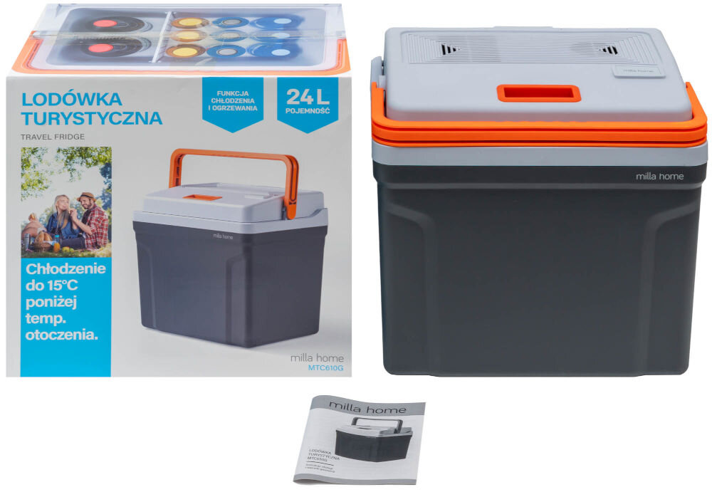 Lodówka turystyczna MILLA HOME MTC610G Lodówka turystyczna Milla Home MTC610G o pojemności 24 litrów obok oryginalnego opakowania i instrukcji obsługi.