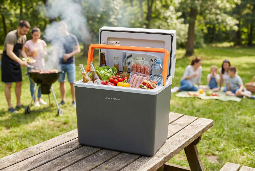Lodówka turystyczna GÖTZE & JENSEN TC810G Otwarta przenośna lodówka turystyczna Götze & Jensen wypełniona jedzeniem i napojami na grilla, stojąca na drewnianym stole w ogrodzie.