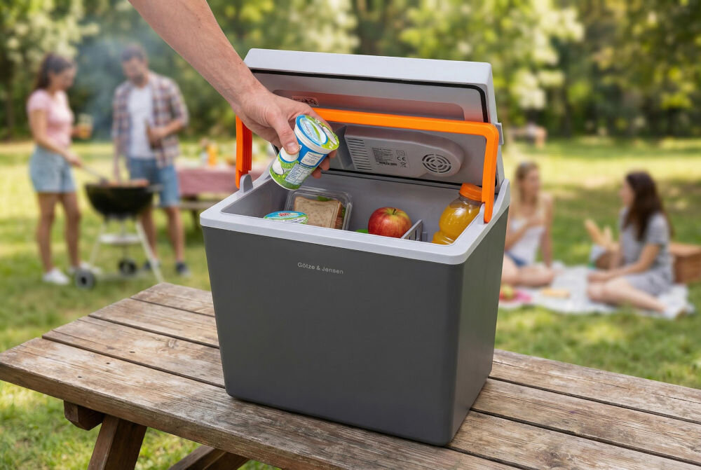Lodówka turystyczna GÖTZE & JENSEN TC810G Ręka wkładająca produkty spożywcze do otwartej lodówki turystycznej Götze & Jensen podczas pikniku na świeżym powietrzu.