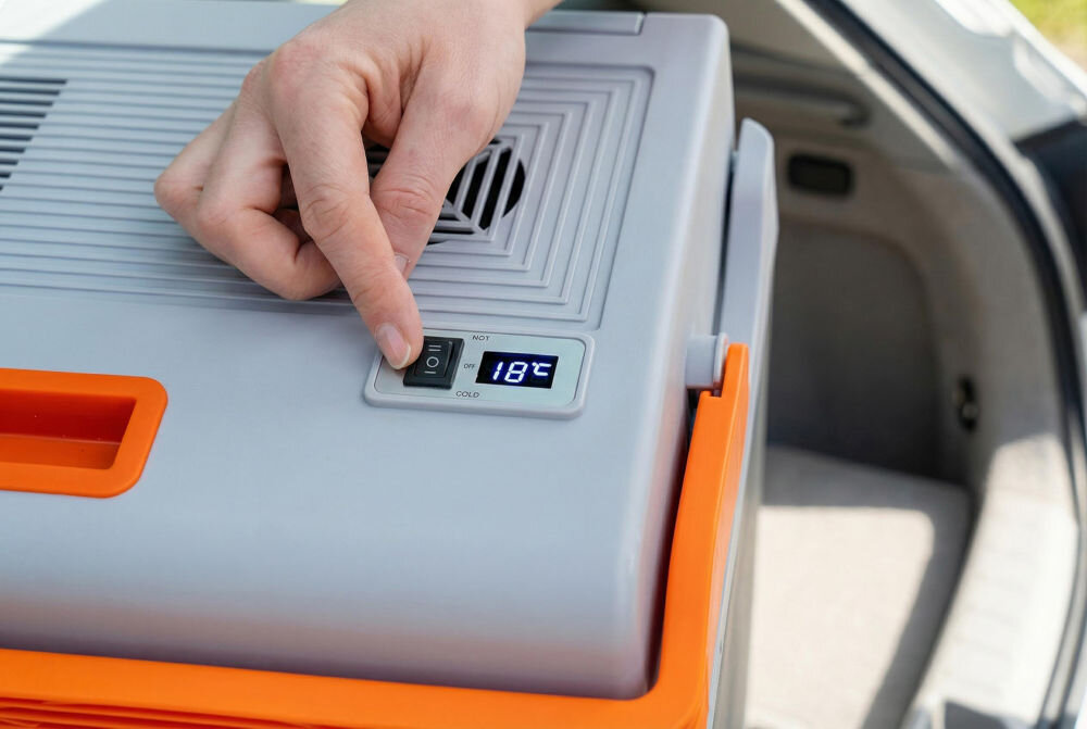 Lodówka turystyczna GÖTZE & JENSEN TC810G Palec naciskający przełącznik trybu pracy obok cyfrowego wyświetlacza pokazującego temperaturę 18°C na panelu lodówki turystycznej.