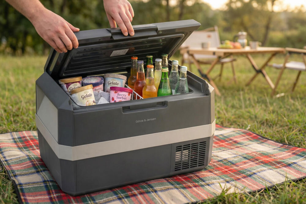 Lodówko-zamrażalka turstyczna samochodowa GÖTZE & JENSEN PF400 Otwarta lodówka turystyczna Götze & Jensen stojąca na kocu piknikowym, wypełniona butelkami z napojami i lodami w kubeczkach.