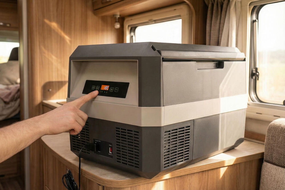 Lodówko-zamrażalka turstyczna samochodowa GÖTZE & JENSEN PF400 Mężczyzna ustawiający temperaturę na cyfrowym panelu sterowania lodówki turystycznej Götze & Jensen we wnętrzu kampera.