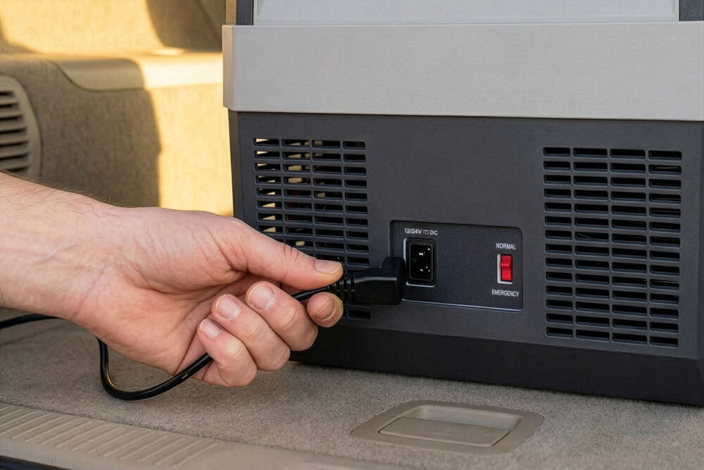 Lodówko-zamrażalka turstyczna samochodowa GÖTZE & JENSEN PF400 Zbliżenie na dłoń podłączającą czarny przewód zasilający 12/24V DC do gniazda w obudowie lodówki samochodowej Götze & Jensen.