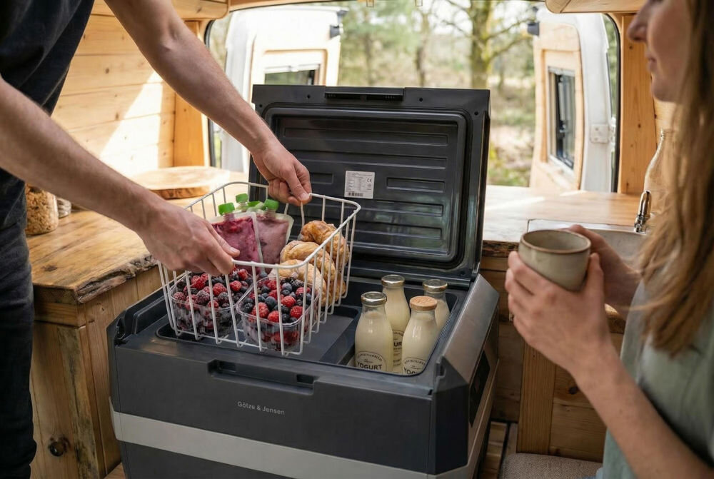 Lodówko-zamrażalka turstyczna samochodowa GÖTZE & JENSEN PF400 Wyjmowanie białego, drucianego kosza z owocami i przekąskami z wnętrza lodówki turystycznej Götze & Jensen w kuchni kampera.