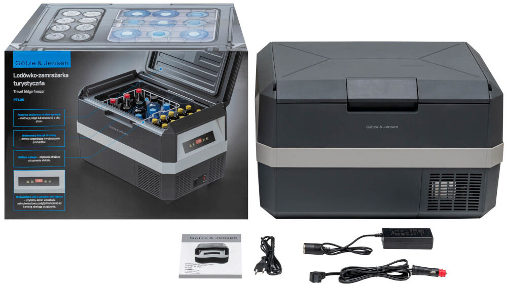 Lodówko-zamrażalka turstyczna samochodowa GÖTZE & JENSEN PF400 Lodówko-zamrażarka turystyczna Götze & Jensen PF400 z akcesoriami: opakowanie z opisem funkcji, zamknięte urządzenie, instrukcja obsługi oraz przewody zasilające sieciowe i samochodowe.