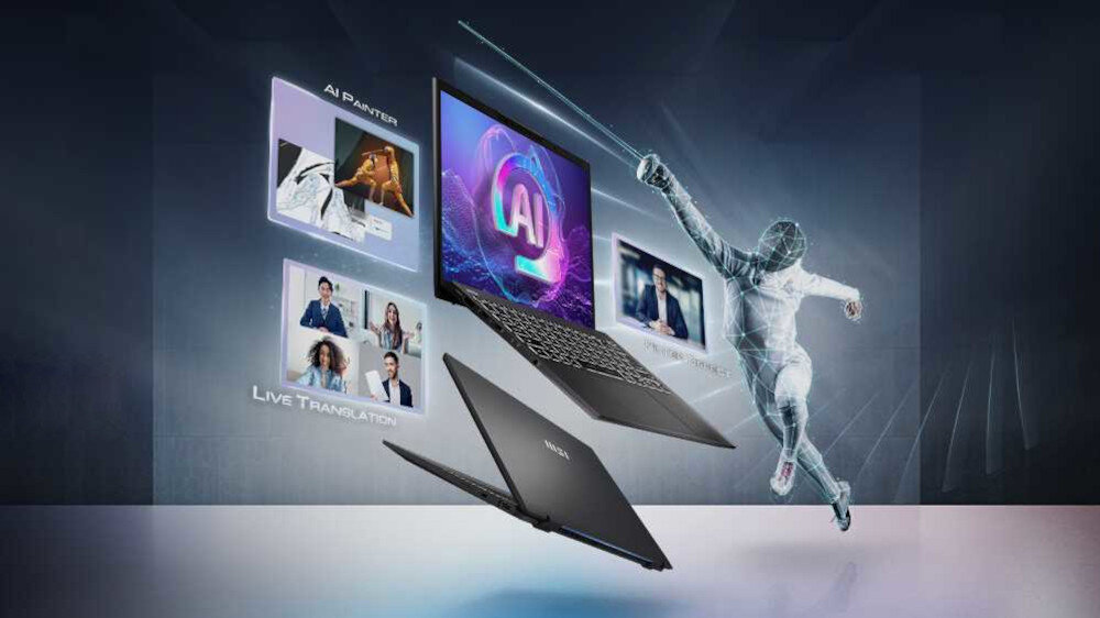 Laptop MSI Prestige 13 AI Evo w futurystycznym otoczeniu z hologramami funkcji AI – po lewej AI Painter z rysunkiem konia, centralnie logo AI na ekranie laptopa, po prawej Live Translation z wideokonferencją, w tle postać cyfrowego wojownika z mieczem, symbolizująca zaawansowane możliwości sztucznej inteligencji.   