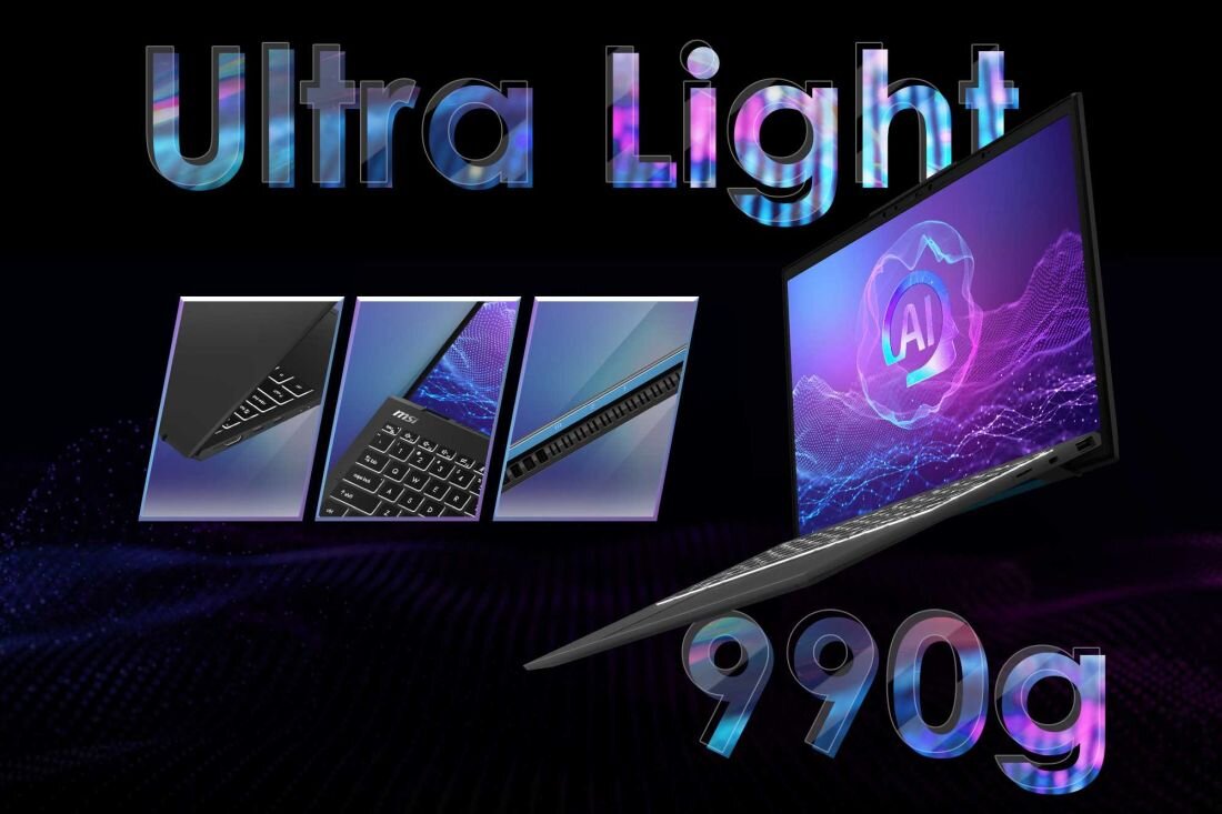 Laptop MSI Prestige 13 AI Evo w kolorze czarnym, ultra-lekka konstrukcja o wadze 990 g, prezentacja smukłej obudowy z magnezu i aluminium, zbliżenia na detale klawiatury, portów i systemu chłodzenia; po prawej ekran z logo AI na tle fioletowej siatki. - Obudowa ze stopu magnezowo-aluminiowego  