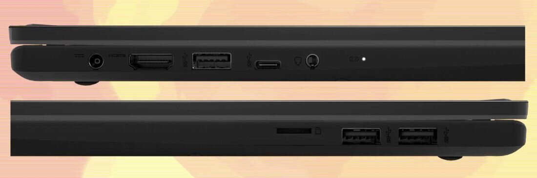 Zbliżenie na porty laptopa MSI Modern z złączami HDMI, USB-A, USB-C i gniazdem audio na obu bokach obudowy - USB-A, USB-C HDMI 2.1  