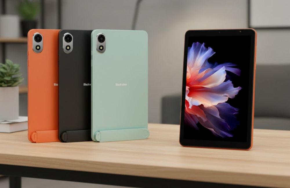 Tablet BLACKVIEW Zeno 1 8 cali 4/64GB LTE Wi-Fi Pomarańczowy Trzy tablety Blackview w dostępnych wersjach kolorystycznych oraz od przodu na stoliku w pokoju