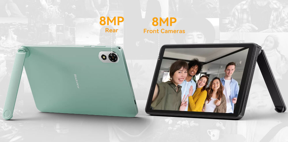 Tablet BLACKVIEW Zeno 1 8 cali 4/64GB LTE Wi-Fi Pomarańczowy tablet od tyłu i przodu na tle zdjęć podpisane aparaty aparat skanowanie dokumentów nagrywanie filmów robienie zdjęć narzędzie do szybkiego uchwycenia ważnych momentów