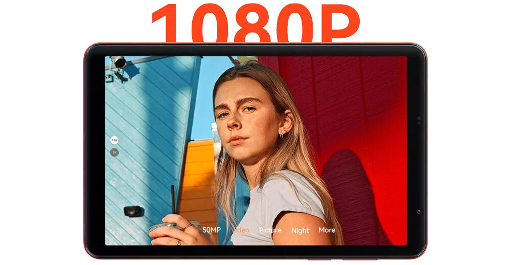 Tablet BLACKVIEW Zeno 1 8 cali 4/64GB LTE Wi-Fi Pomarańczowy tablet z włączonym aparatem na ekranie nad nim napis 1080p białe tło nagrywanie wideo Full HD zachowane detale tworzenie treści
