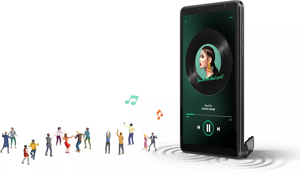 Tablet BLACKVIEW Zeno 1 8 cali 4/64GB LTE Wi-Fi Pomarańczowy tablet z imitacją fal dźwiękowych obok ludzie tańczący do muzyki na ekranie włączony utwór białe tło głośniki stereo Smart-K wypełnienie przestrzeni realistyczne brzmienie