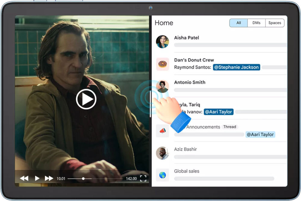 Tablet BLACKVIEW Zeno 1 8 cali 4/64GB LTE Wi-Fi Pomarańczowy pokazanie możliwości podzielenia ekranu na urządzeniu po jednej stronie film a po drugiej komunikator Split Screen 2.0 wielozadaniowość bez konieczności pauzowania dzielenie przestrzeni roboczej