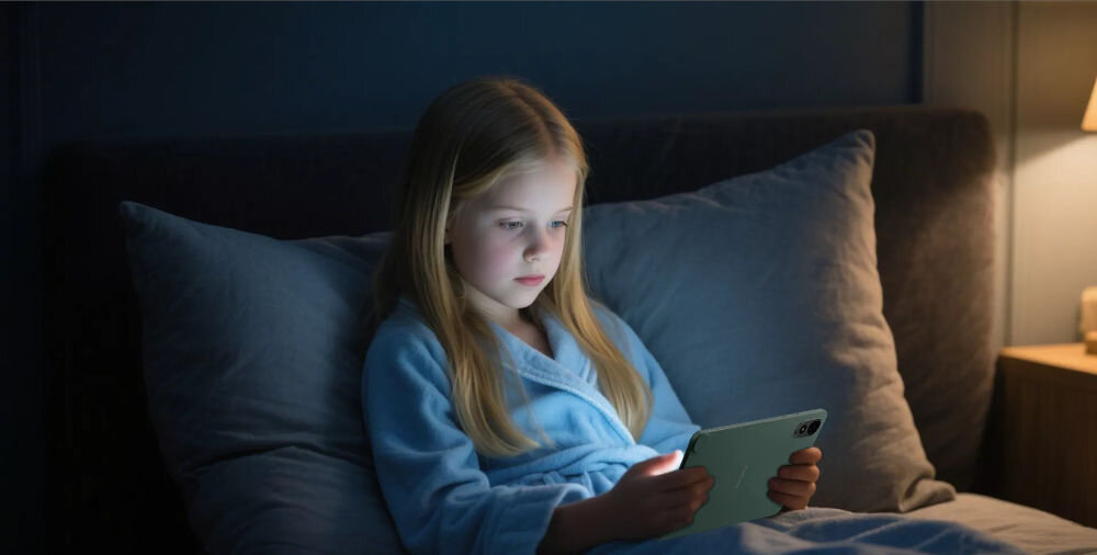 Tablet BLACKVIEW Zeno 1 8 cali 4/64GB LTE Wi-Fi Czarny dziewczyna leżąca w szlafroku w łóżku z tabletem w ciemnym pomieszczeniu ochrona wzroku trzy tryby ochrony ograniczenie zmęczenia oczu dopasowanie ustawień wyświetlacza do pory dnia