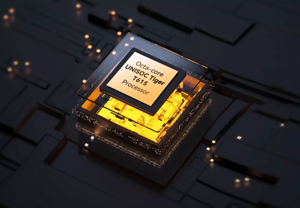 Tablet BLACKVIEW Zeno 1 8 cali 4/64GB LTE Wi-Fi Czarny Stylizowane zbliżenie na procesor Unisoc T615, podkreślające jego technologię procesor układ graficzny płynne działanie systemu