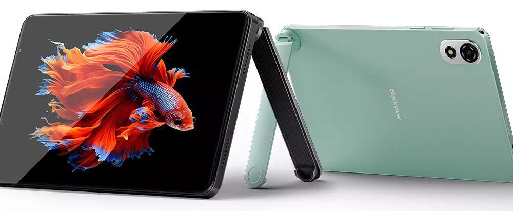 Tablet BLACKVIEW Zeno 1 8 cali 4/64GB LTE Wi-Fi Czarny prezentacja urządzenia postawionego na podstawce od przodu i tyłu pod kątem na białym tle RAM możliwość rozszerzenia praca na wielu programach jednocześnie wielozadaniowość komfort pracy