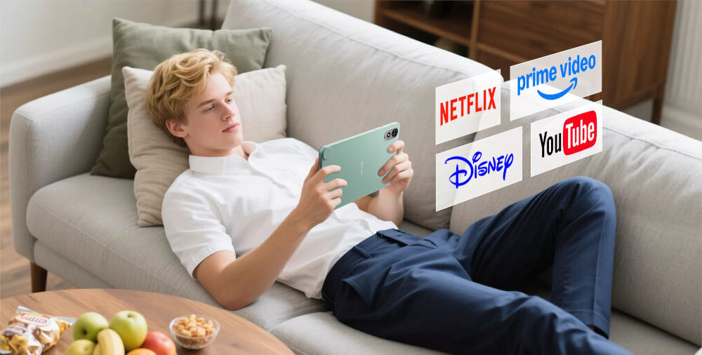 Tablet BLACKVIEW Zeno 1 8 cali 4/64GB LTE Wi-Fi Czarny chłopak leżący na kanapie z urządzeniem w dłoniach w pokoju lewitujące loga platform streamingowych strumieniowanie treści w wysokiej rozdzielczości platformy streamingowe Full HD