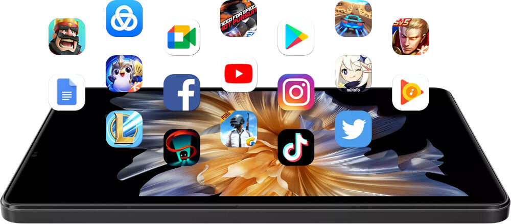 Tablet BLACKVIEW Zeno 1 8 cali 6/256GB LTE Wi-Fi Pomarańczowy urządzenie w perspektywie nad nim lewitujące ikony gier i aplikacji na białym tle wbudowana pamięć wsparcie kart TF pojemność swoboda przechowywania danych